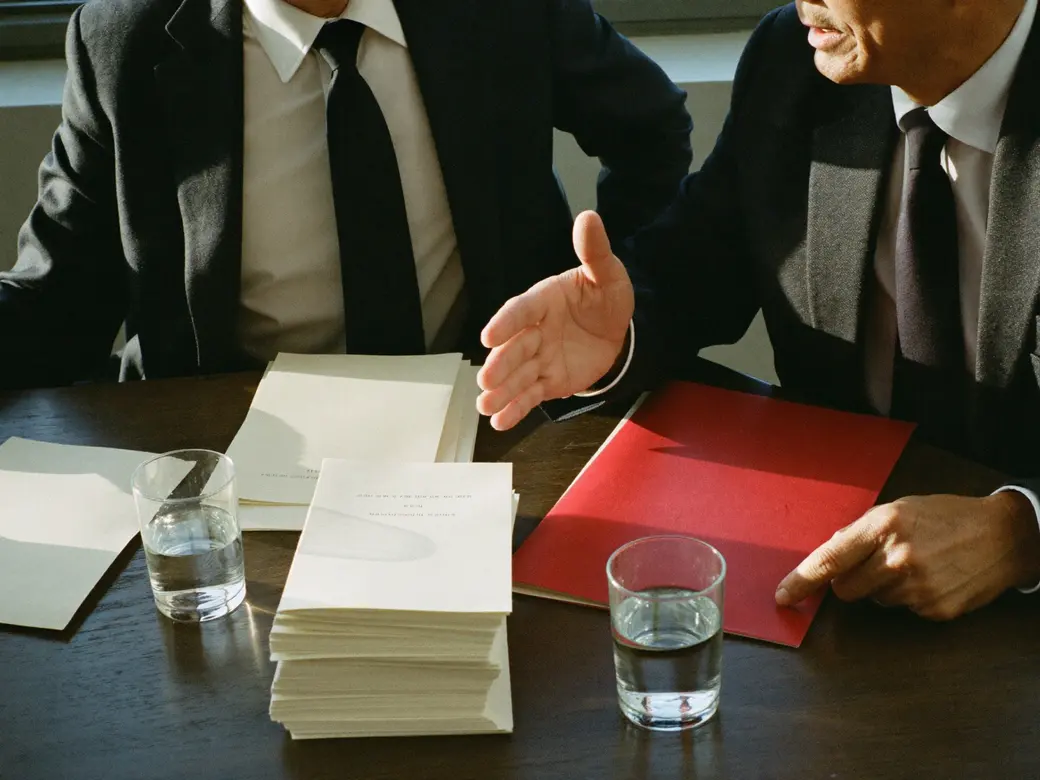 Dos empresarios, uno japonés y uno mexicano, conversando sobre la mesa de juntas con una carpeta roja entre los dos. Imagen ilustrativa.